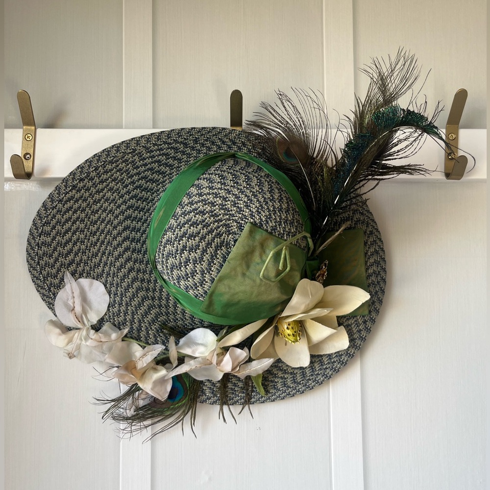 Fleur de Paris New Orleans Green Trim Wide Brim Hat Floral & Peacock Feather